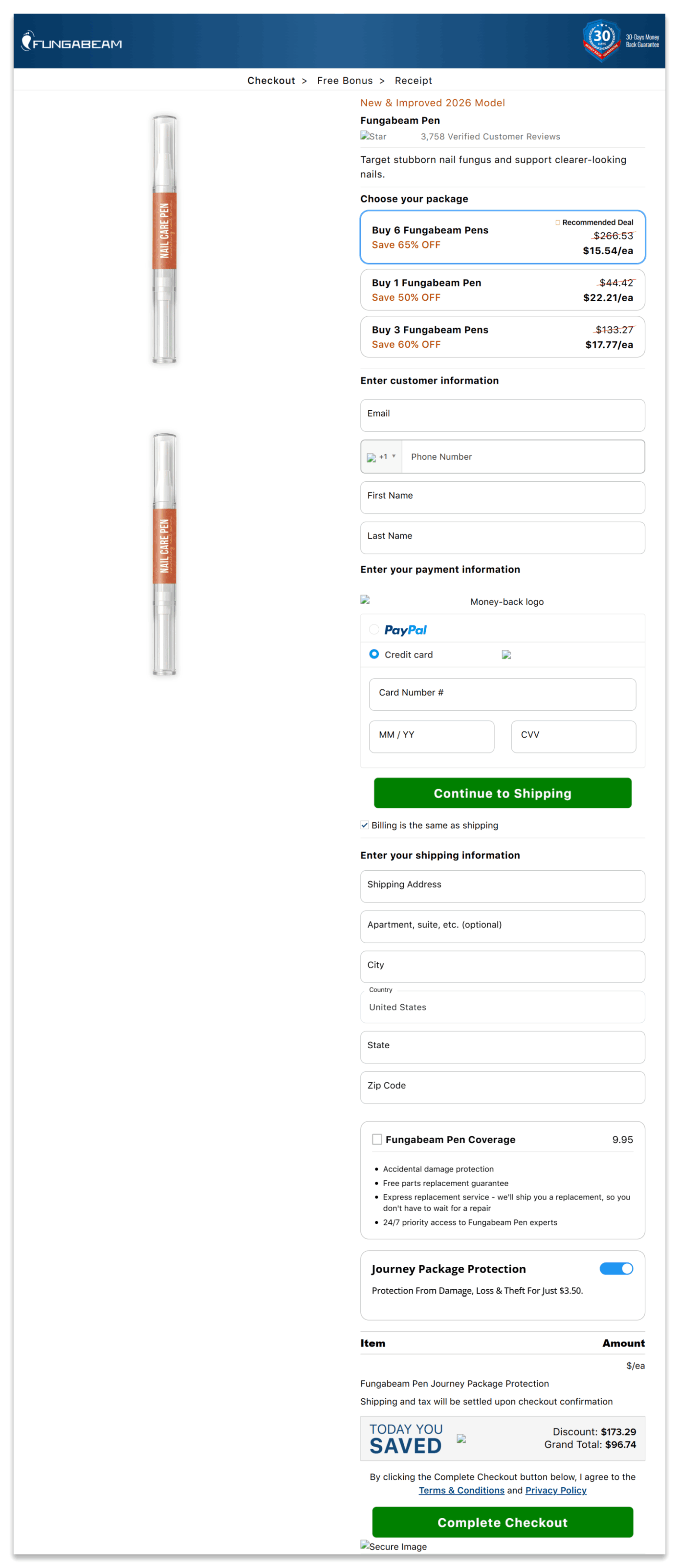Fungabeam Pen secure checkout page
